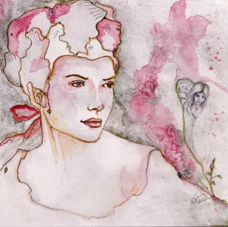 AQUARELLE ORIGINALE du Portrait ancien d'une jeune femme romantique avec des personnages fantasques dans sa chevelure sur papier aquarelle pochade 300 gr 20x20cm