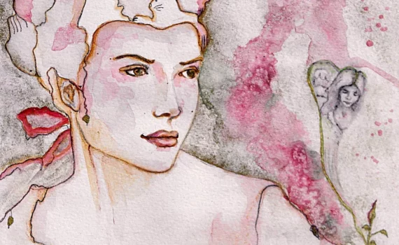 Portrait ancien à l'aquarelle d'une  jeune femme romantique avec des personnages fantasques dans sa chevelure sur papier aquarelle pochade 300 gr 20x20cm