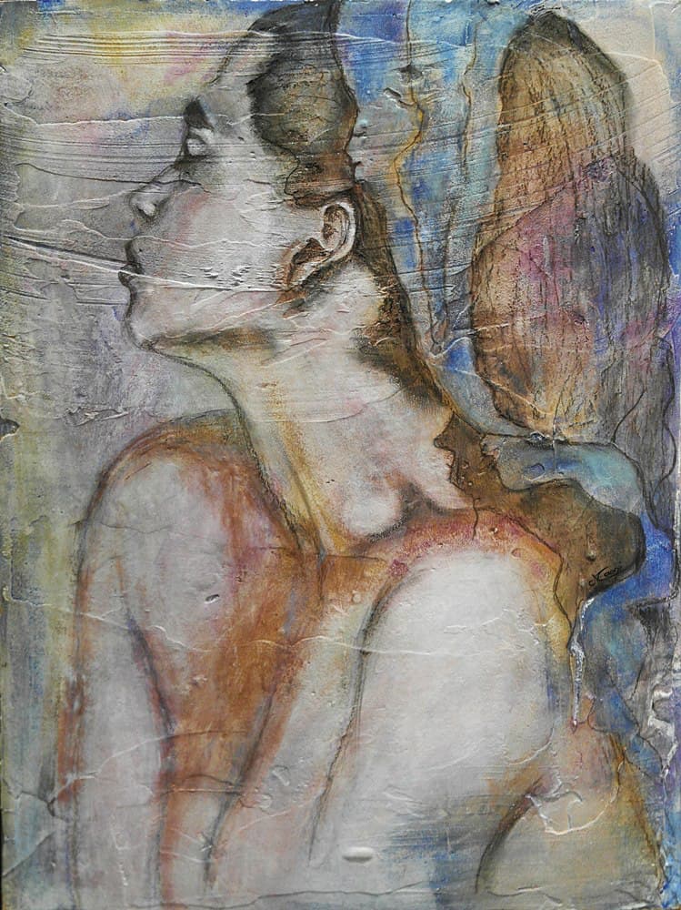 peinture sur bois et plâtreries d'une belle jeune femme au fichu bleu entourée de personnages oniriques