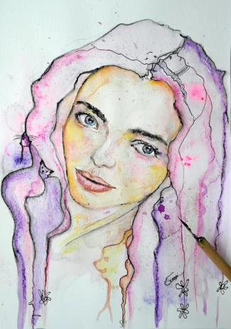 Portrait à l'aquarelle d'une jeune femme douce et tendre dans les tons dominant mauve