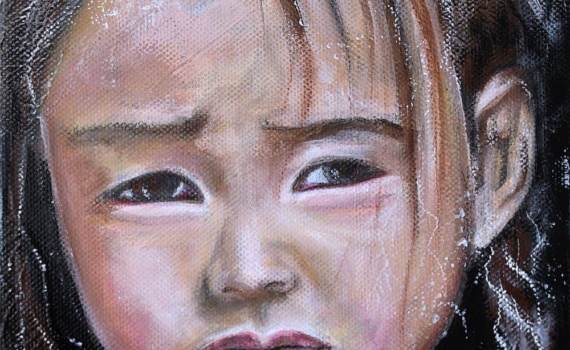Peinture portrait enfant asiatique mélancolique ton noir-brun-blanc