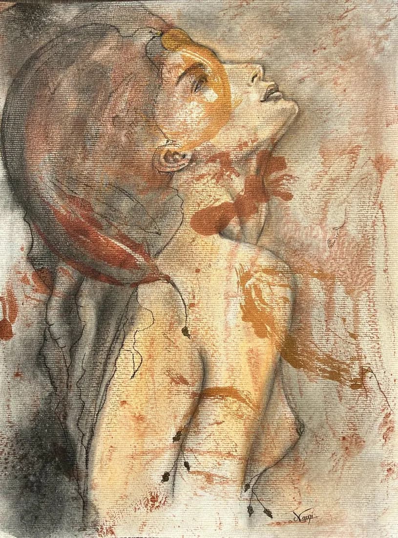WHO PORTRAIT FEMME SOLAIRE FUSAIN et ACRYLIQUE et encre or sur papier multi techniques - 30cmx40cm _ Maoniartiste - 2017 -