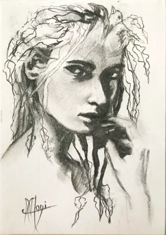 PORTRAIT 3/4 FUSAIN JEUNE FEMME, OISEAUX et  VEGETAUX sur PAPIER SANS ACIDE 160 gr 14,8X21CM