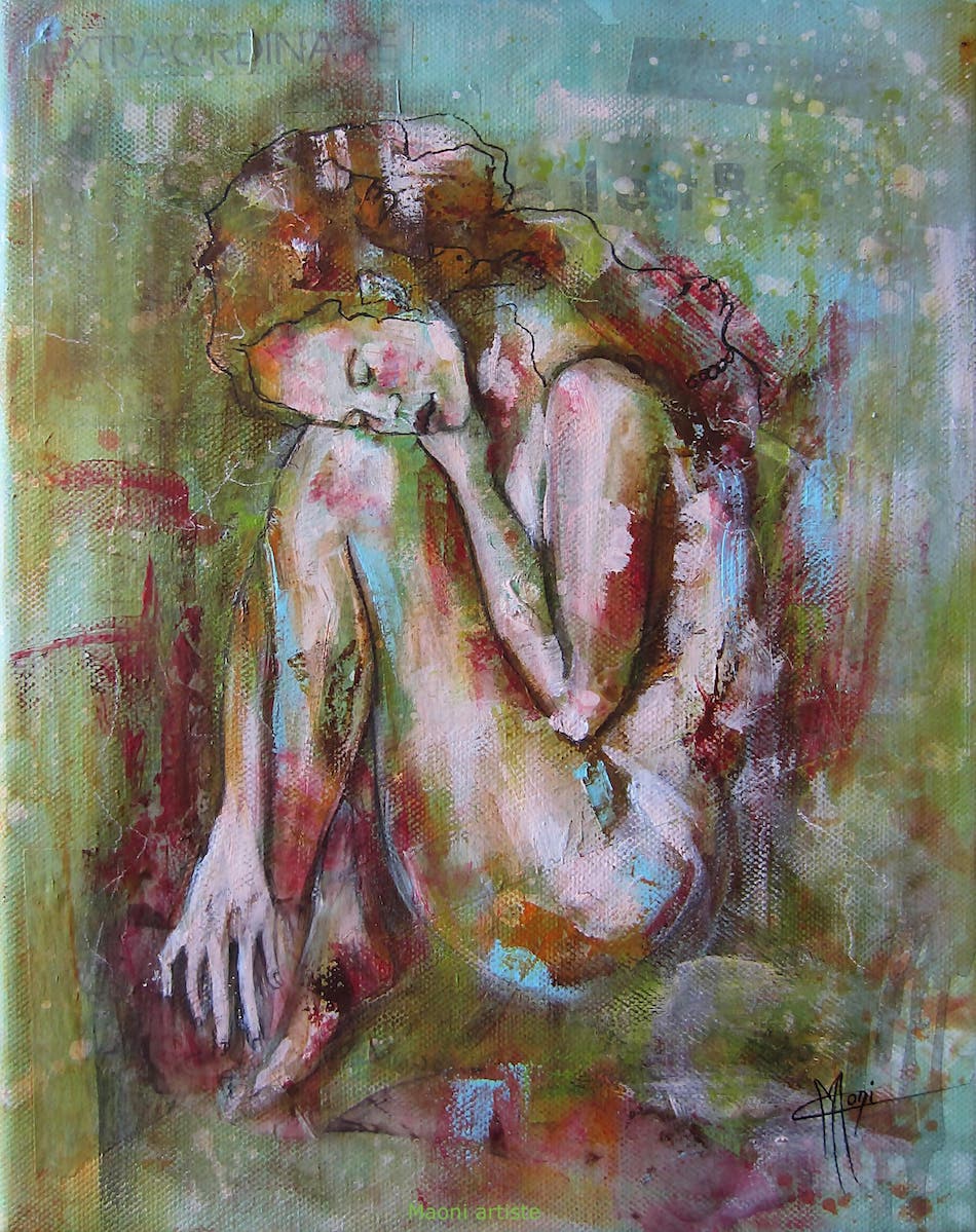 peinture du corps exposé d'une belle jeune femme nue en posture accroupie sur toile/chassis 30X40 entourée de personnages et animaux imaginaires