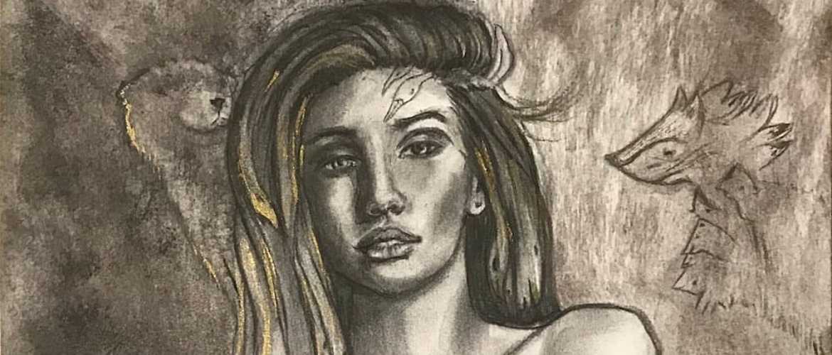 Dessin au fusain du corps révélé d'une JEUNE FEMME NUE AUDACIEUSE entourée de créatures oniriques - MAONI - 2017