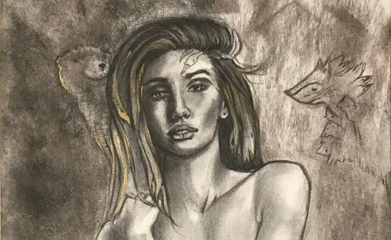 Dessin au fusain du corps révélé d'une JEUNE FEMME NUE AUDACIEUSE entourée de créatures oniriques - MAONI - 2017