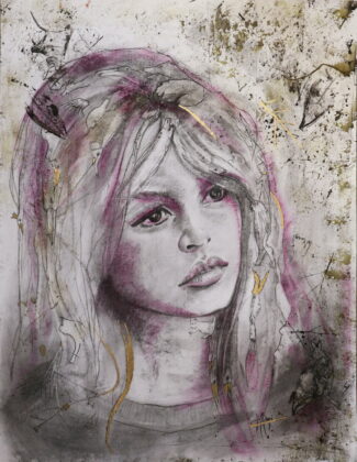 BB 4 pets - Portrait de BB jeune aux Fusains peinture encre pastels et feuille d'or entourée d'empreintes du vivant, traces de feuillages et de créatures oniriques dont de nombreux animaux sur papier raisin 65X50 200 gr sans acide