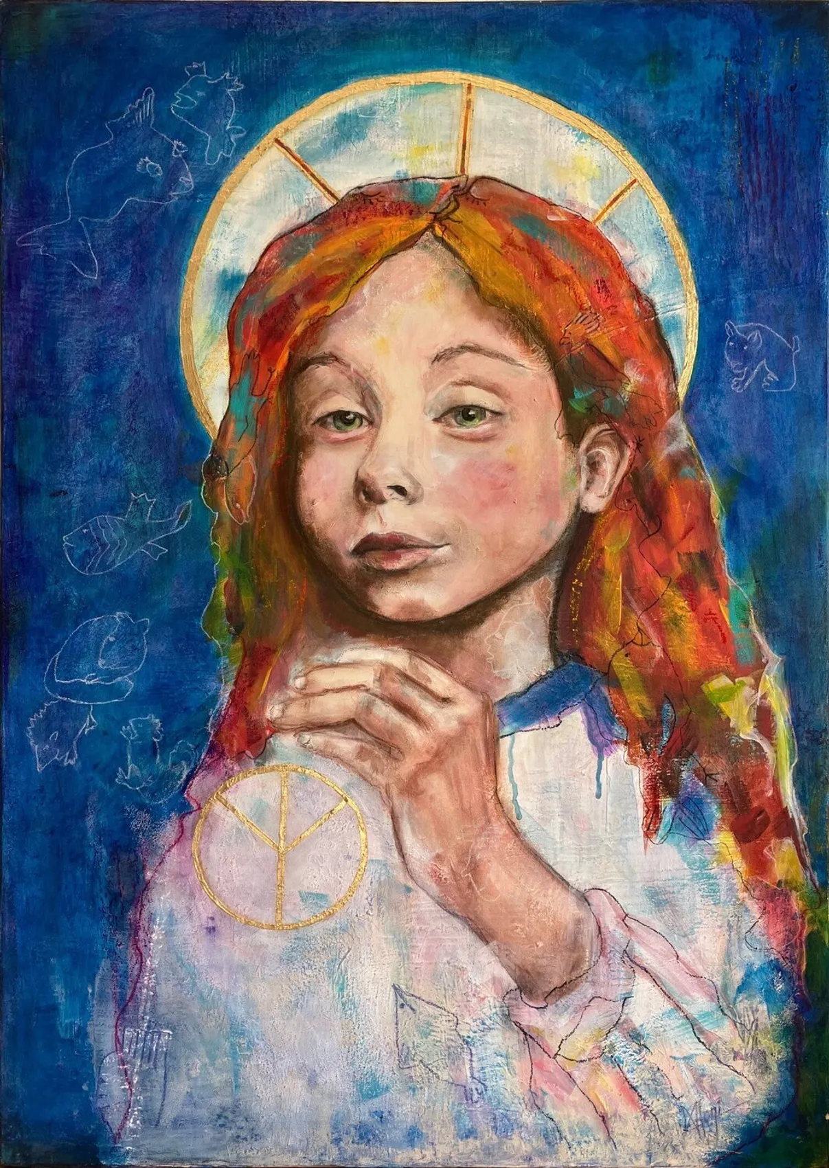 Portrait coloré peinture et feuille or fillette cheveux roux yeux verts prônant la paix avec une auréole en forme de symbole de paix et un signe de symbole de paix à la main J VEUX DE LA PAIX maoni 2020 02 