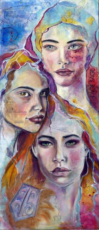 Peinture contemporaine l'age sage représentant 3 portraits de femmes sages intemporelles sur toile / chassis 40X100