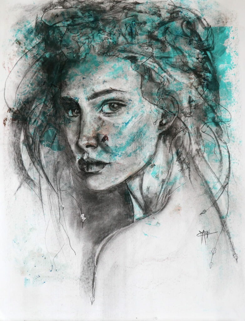portrait d'une jeune femme de profil qui se tourne vers le visiteur entourée de créatures oniriques et de végétaux du monde de Maoni