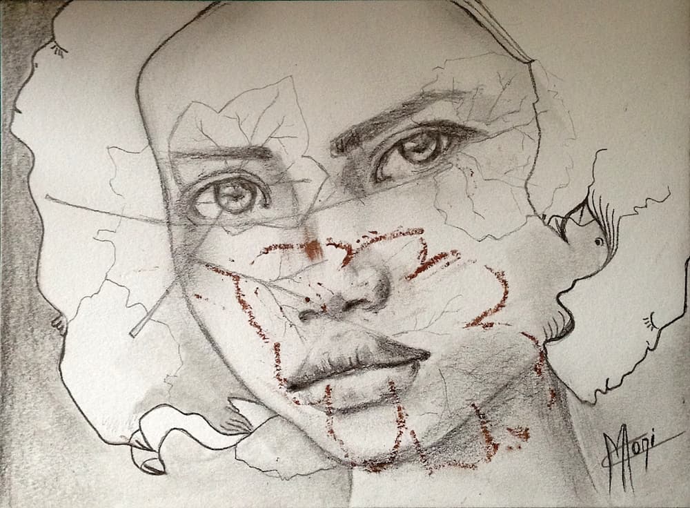 LEAVES SHE - fusain et graphites portrait fillette et empreintes